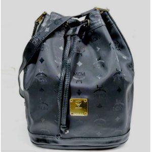 MCM Black Visetos Canvas and Leather Bucket Bag with Gold Tone Accents - EUC